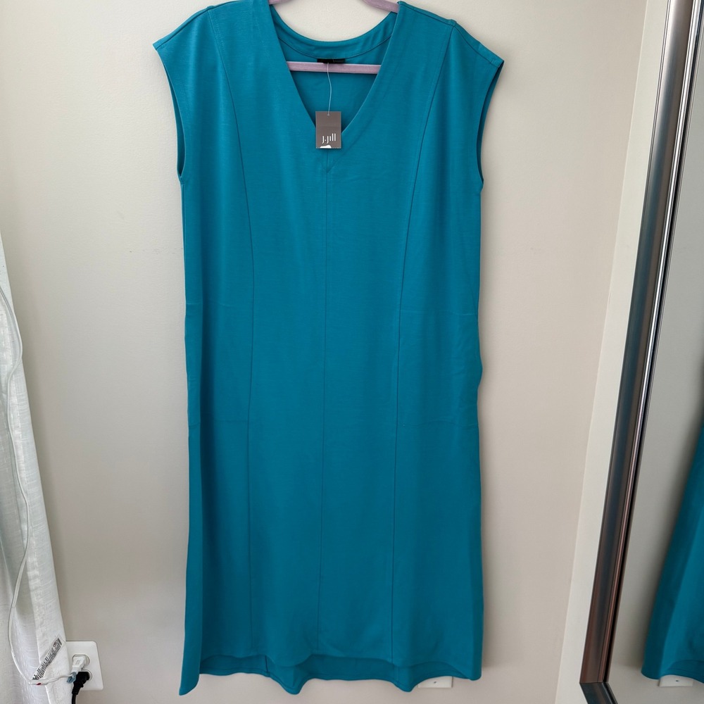 J. Jill Wearever Dragonfly Teal V-Neck Sleeveless Midi Dress Pockets Medium NEW